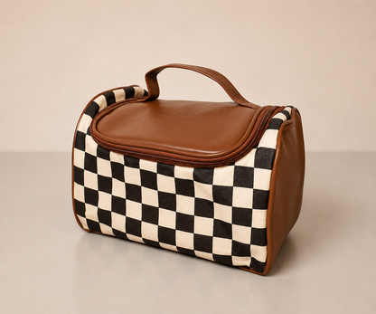 Checkered Leather Zipper Makeup Bag