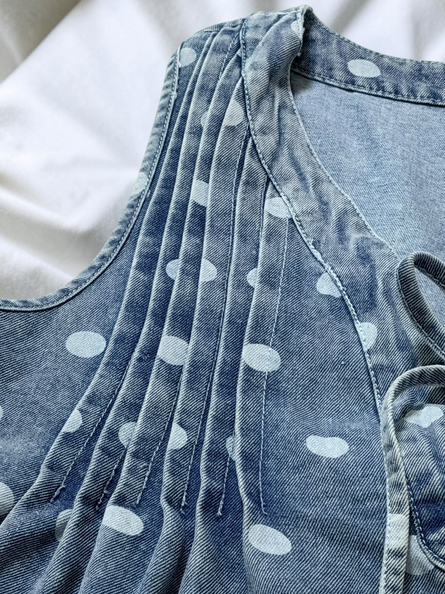Blue Polka Dot Pleated Denim Romper