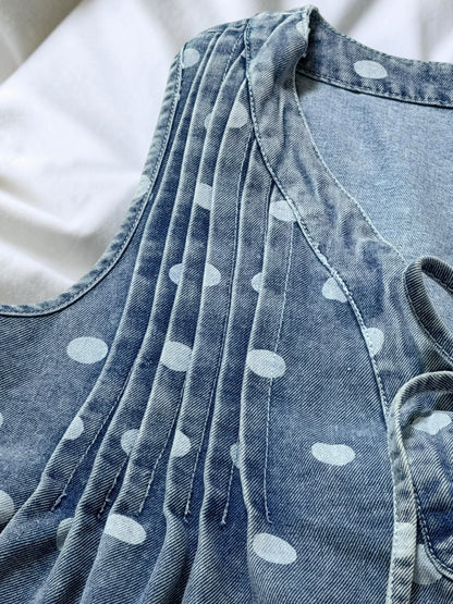 Blue Polka Dot Pleated Denim Romper