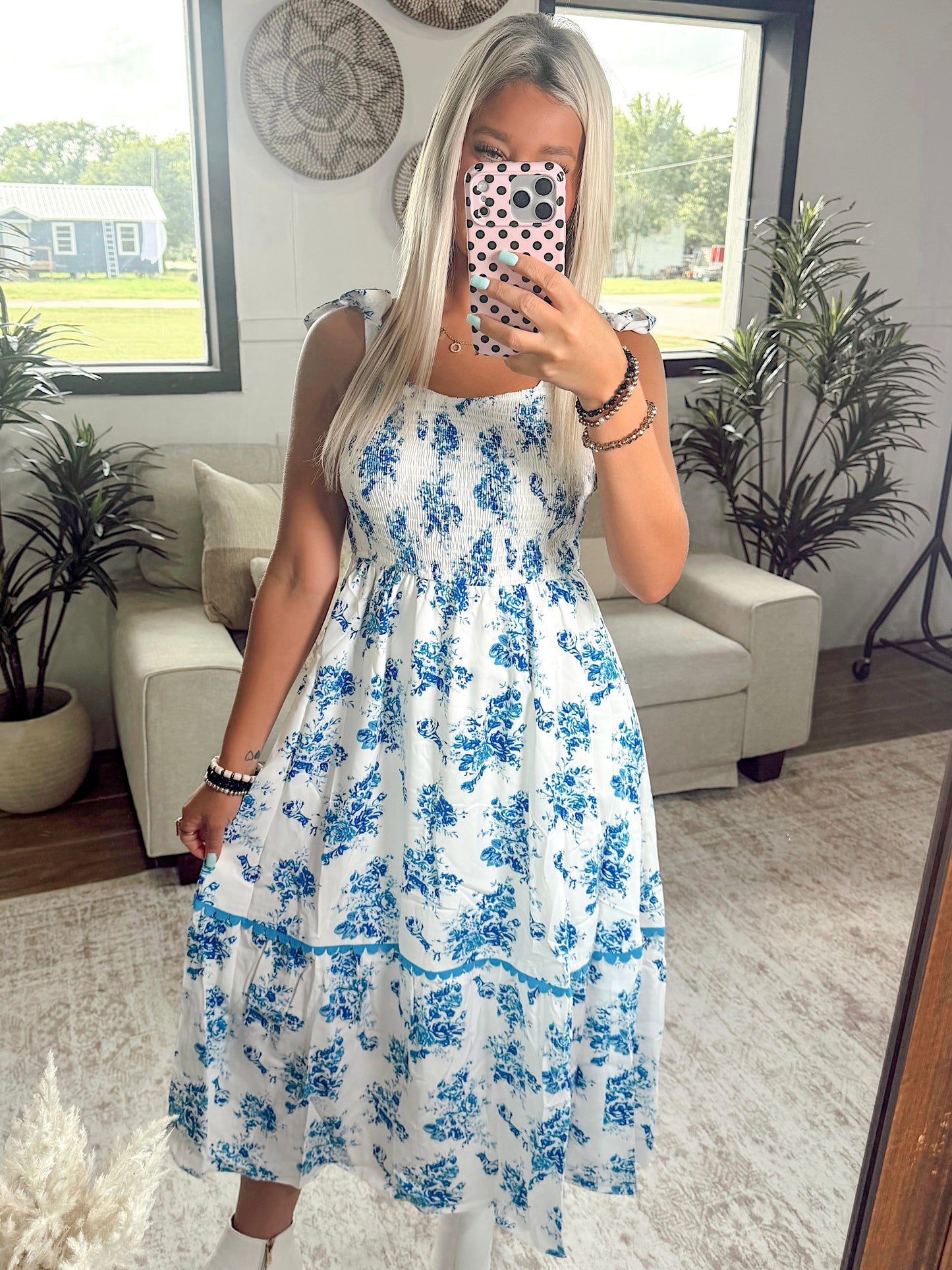 Blue Petal Shirred Maxi Dress
