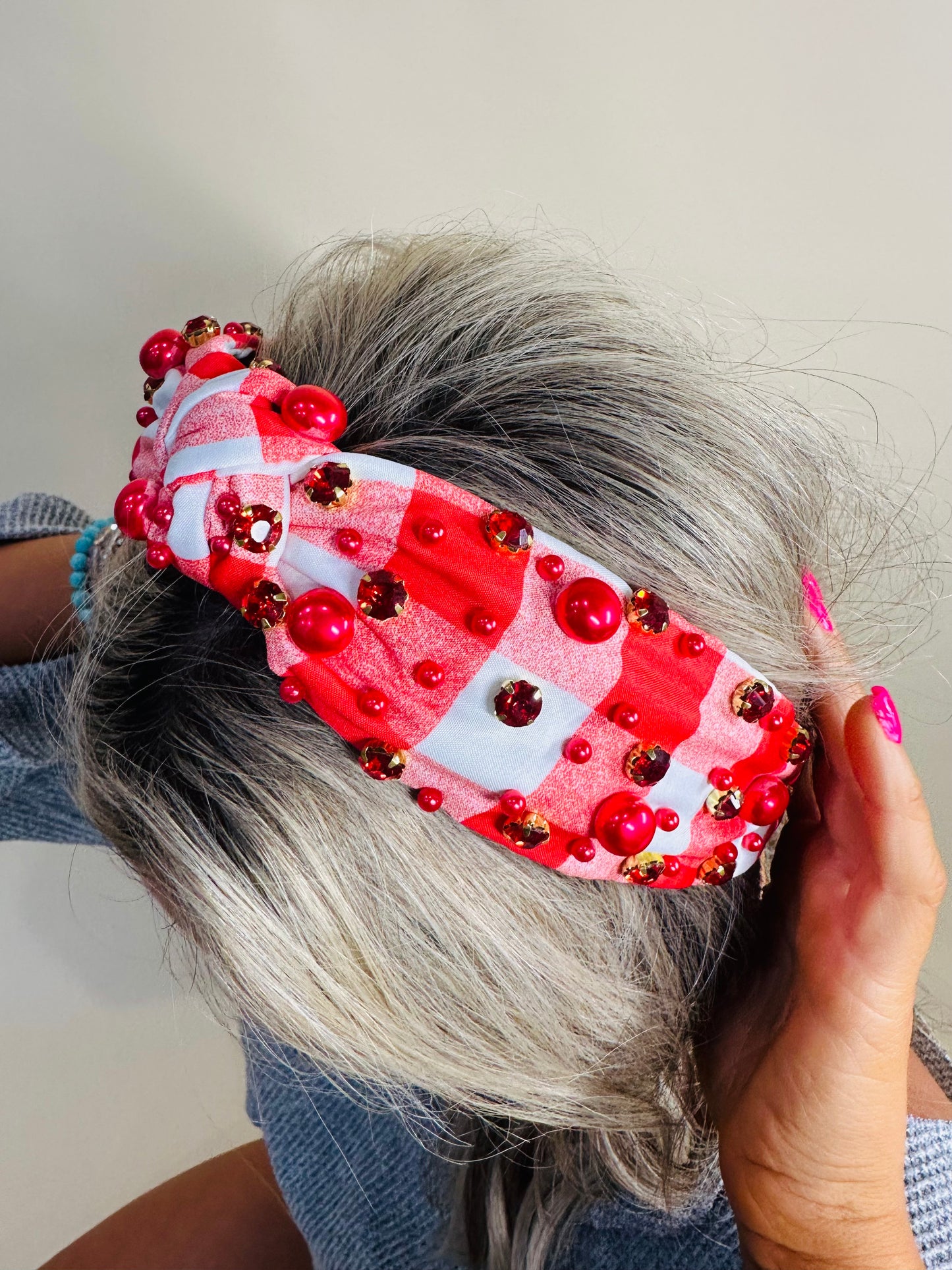 Plaid Beaded Knotted Wide Headband