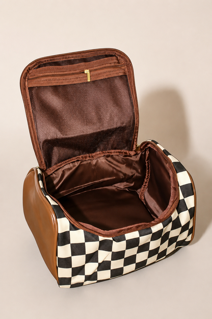 Checkered Leather Zipper Makeup Bag