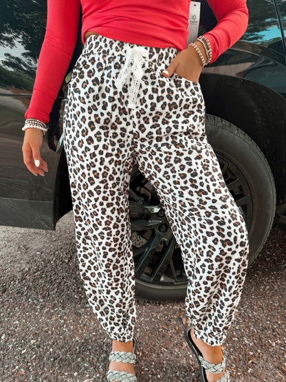 White Leopard Lace Detail Pants