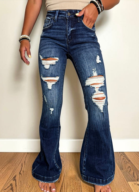 Kara Distressed Mid-Rise Flare Jeans