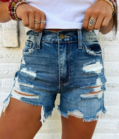 Alyssa High Rise Distressed Denim Shorts