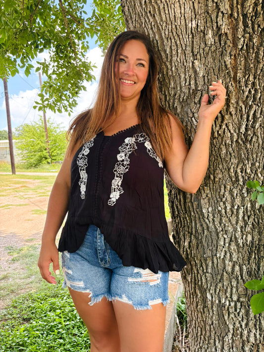 Black Floral Ruffled Spaghetti Strap Tank