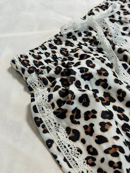 White Leopard Lace Detail Pants