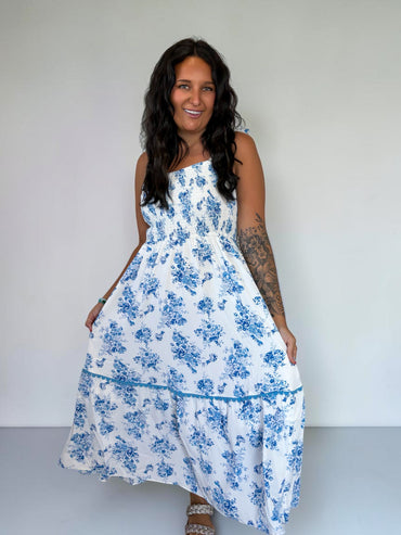 Blue Petal Shirred Maxi Dress