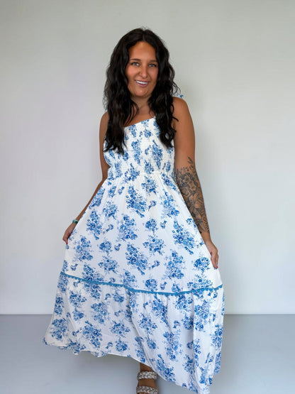 Blue Petal Shirred Maxi Dress