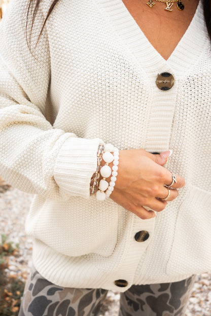 Ivory Texture Knit Button Cardigan