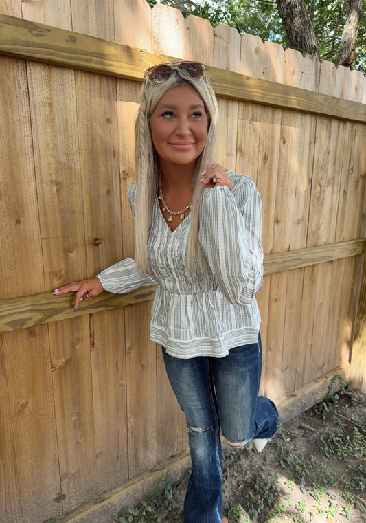 Stripes Of Blue V-Neck Blouse