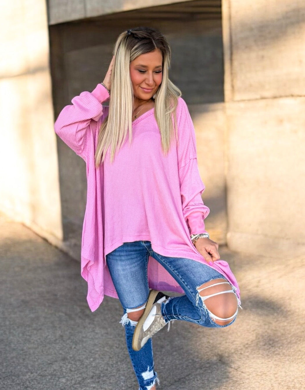 Sweet Stitch Hi-Lo Waffle Knit Top