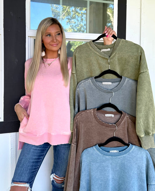 Hold Me Tight Acid Wash Crewneck Top