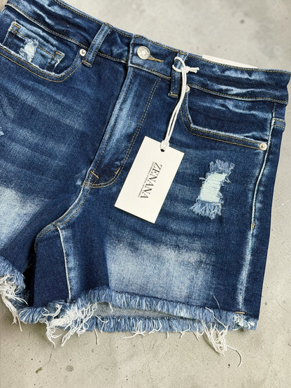 Darla Dark Wash Raw Frayed Denim Shorts