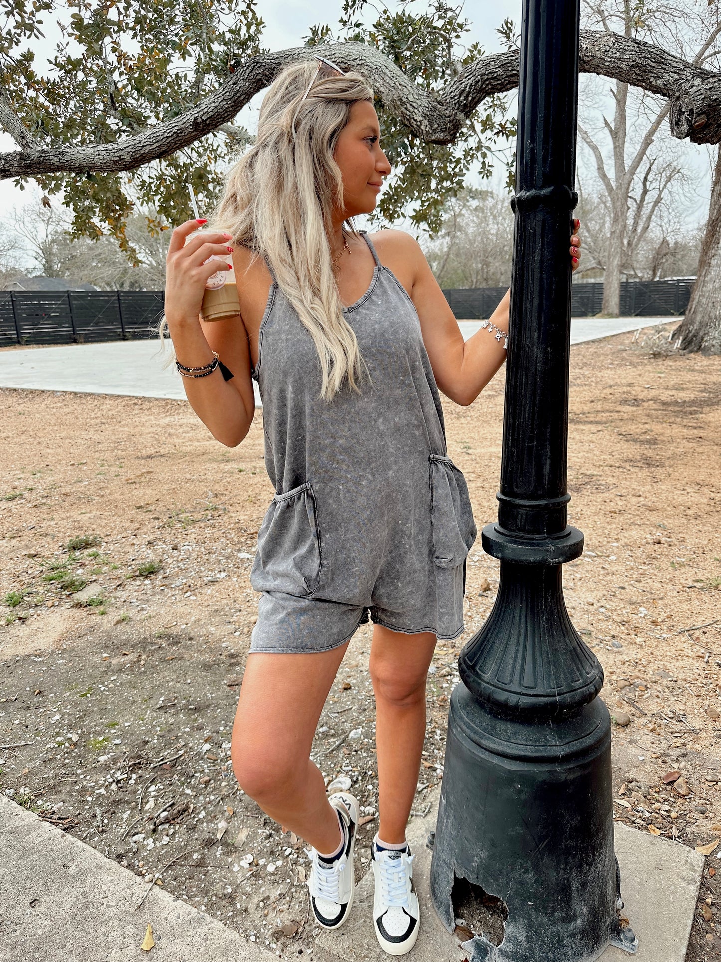 Out and About spaghetti strap Romper