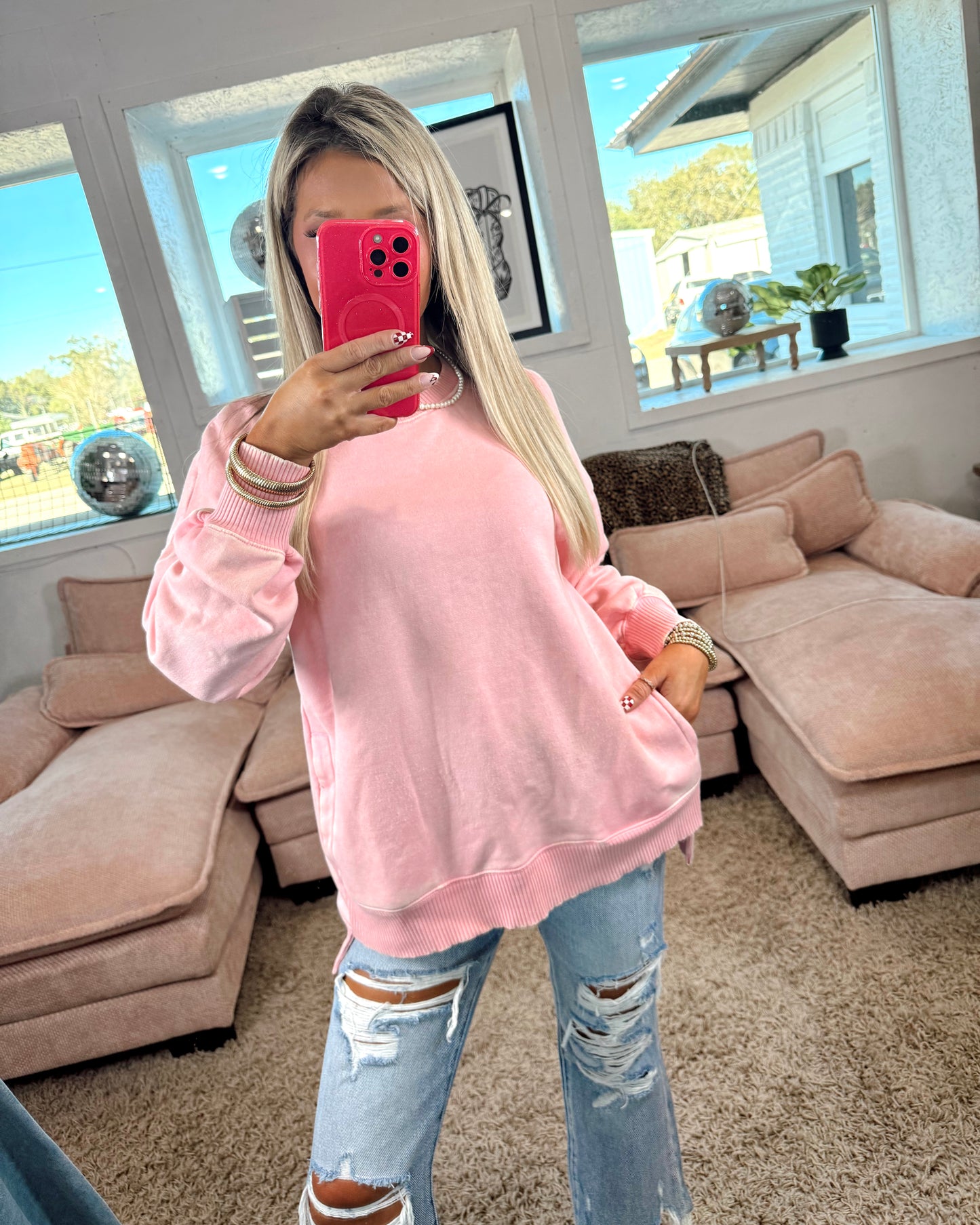 Hold Me Tight Acid Wash Crewneck Top