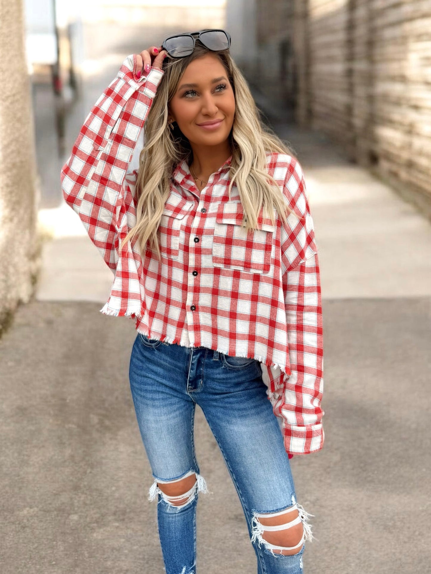 Frayed Edge Plaid Button Down Top