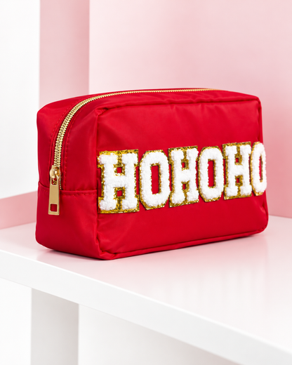 Red Glitter HoHoHo Zipper Makeup Bag