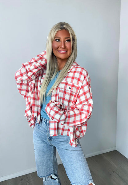 Frayed Edge Plaid Button Down Top