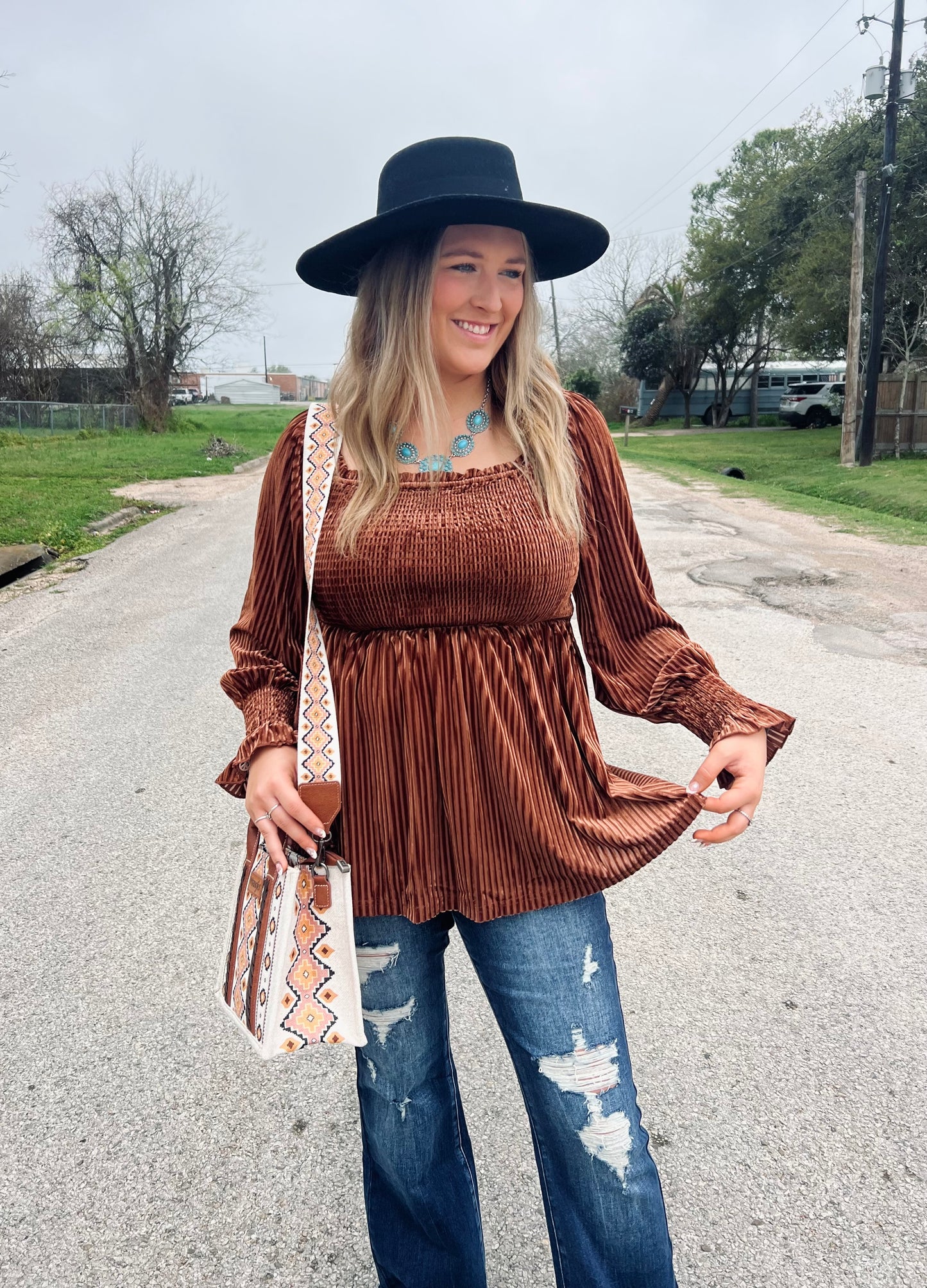 Brown Smocked Ribbed Blouse Top