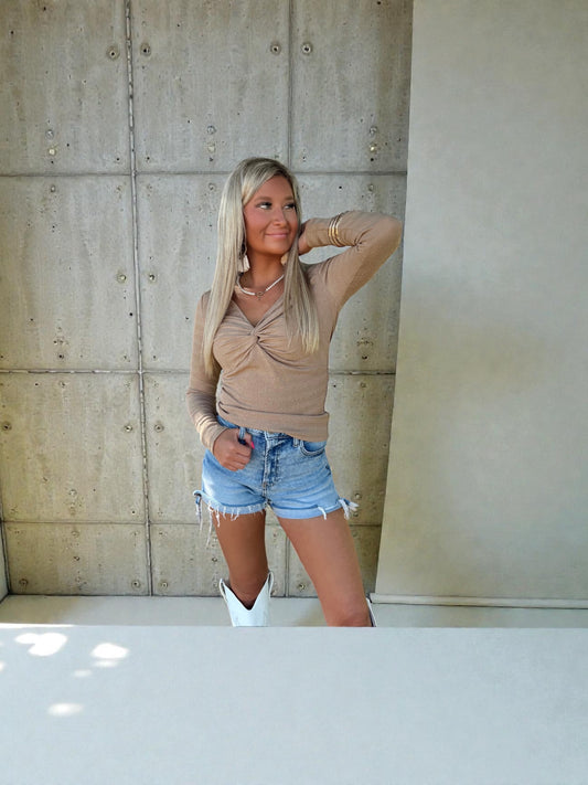 Sculpted Twist V-Neck Long Sleeve Top