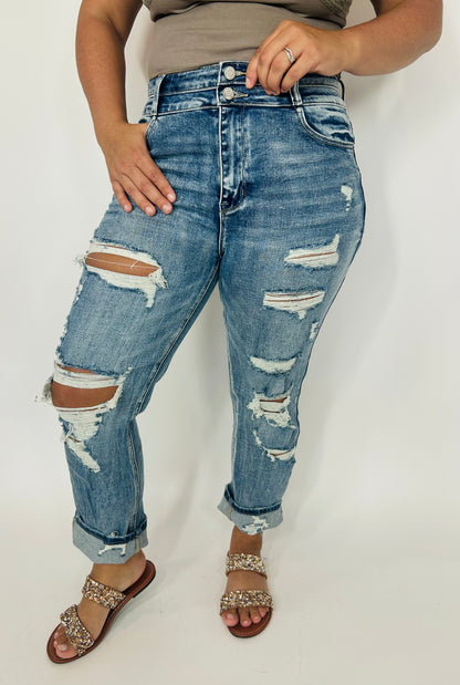 Dana Double Button Distressed High Rise Jeans