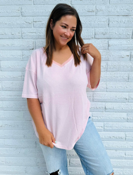 Bubblegum Breeze Drop Shoulder V-Neck Top