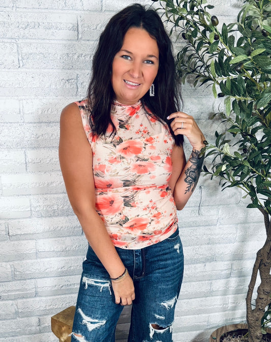 Take Me out Mesh Floral Fitted Tank Top