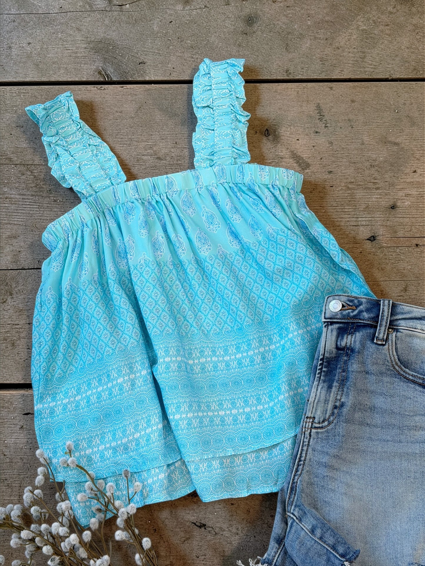 Sky Blue Ruffled Wide Strap Tank Top