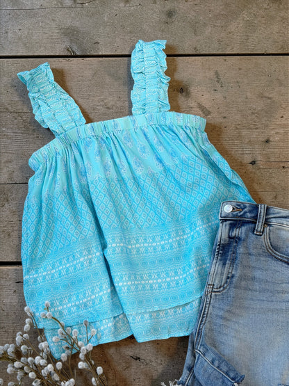 Sky Blue Ruffled Wide Strap Tank Top