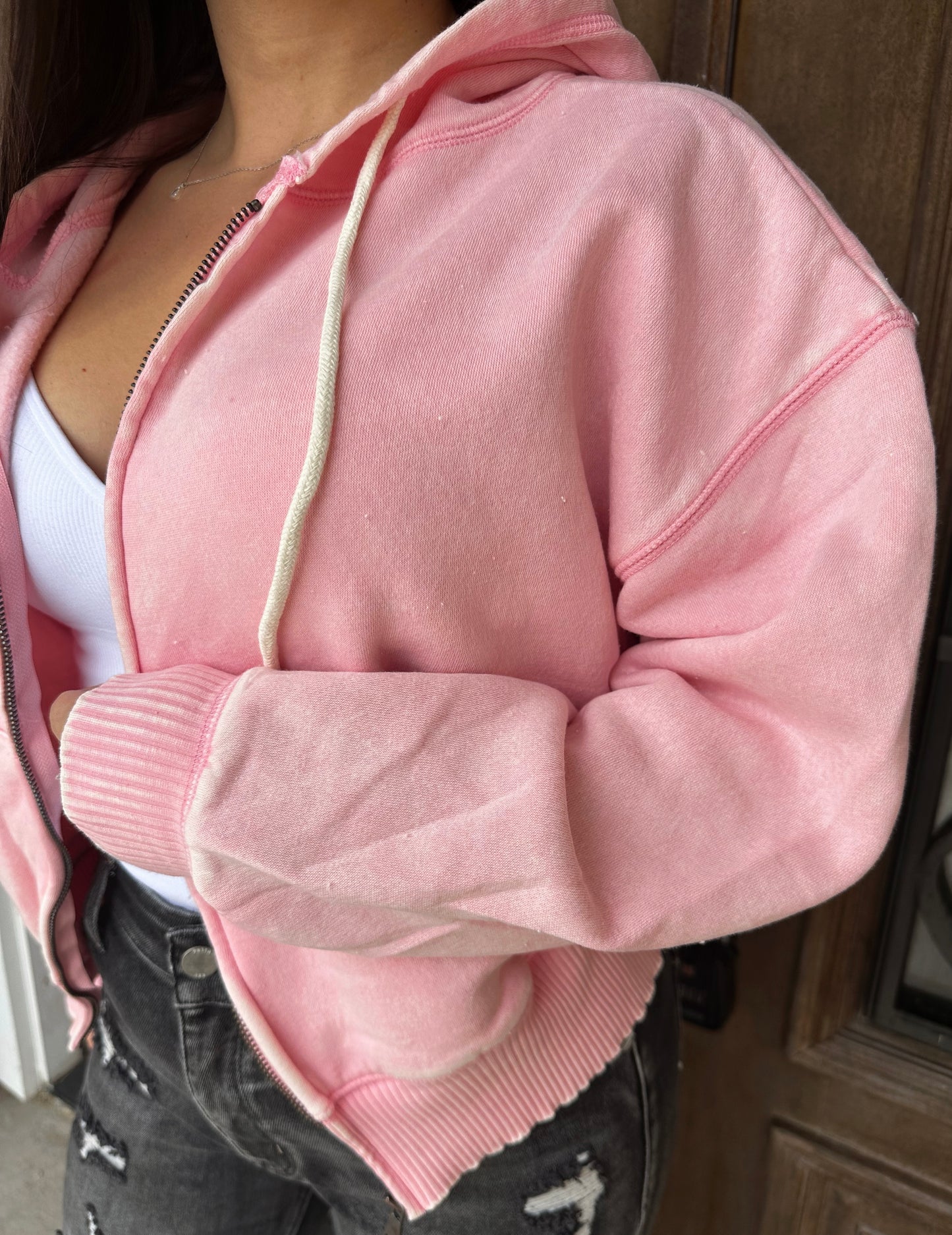 Pink Acid Wash Cropped Zip Hoodie