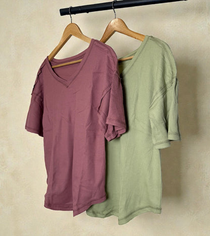 Exposed Seam V-neck Textured Top