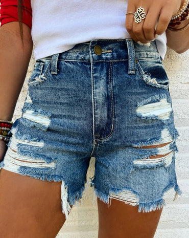 Alyssa High Rise Distressed Denim Shorts