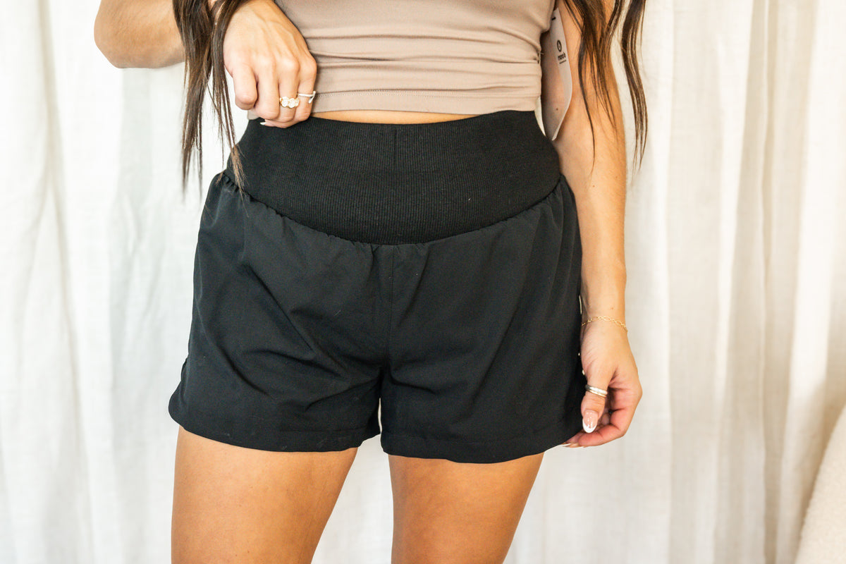 Black Ribbed High Waist Active Shorts