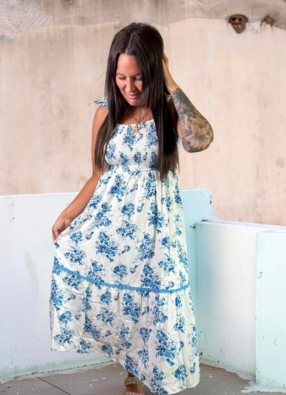 Blue Petal Shirred Maxi Dress