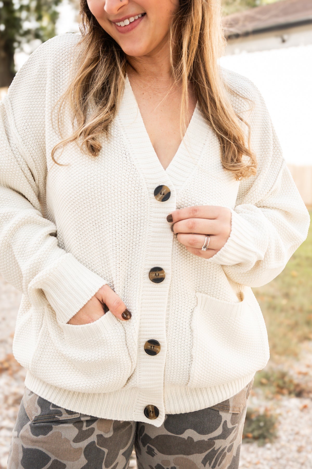 Ivory Texture Knit Button Cardigan