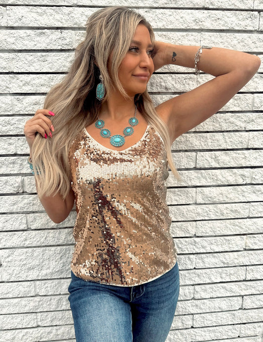 Beige Sequined Adjustable Spaghetti Straps Tank Top