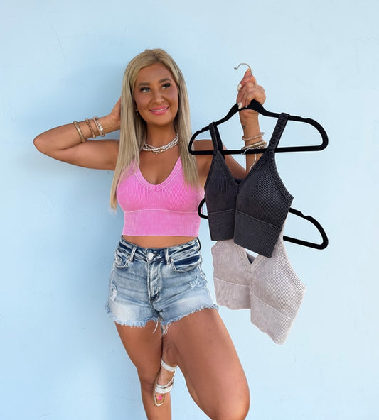 Stone Wash Sculpt V‑Neck Crop Tank Top