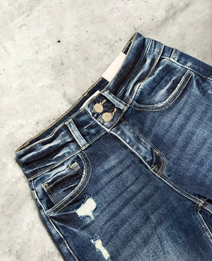 DARK WASH Route 507 Milestone Distressed Denim Flare Jeans