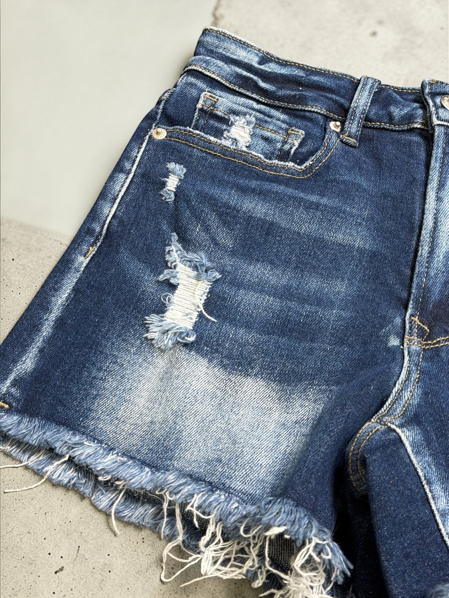 Darla Dark Wash Raw Frayed Denim Shorts