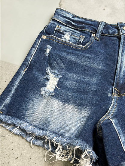 Darla Dark Wash Raw Frayed Denim Shorts