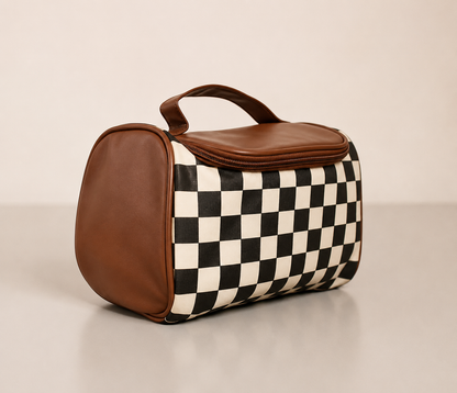 Checkered Leather Zipper Makeup Bag