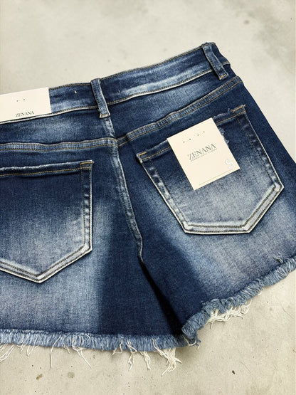 Darla Dark Wash Raw Frayed Denim Shorts