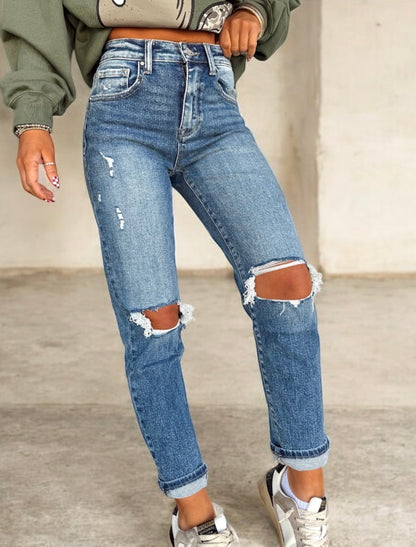 High Standards Distressed Mom Jeans