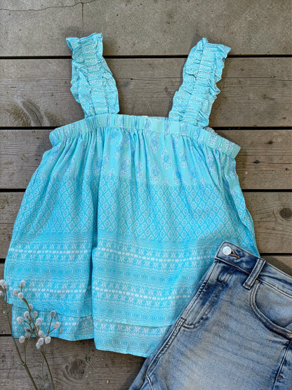 Sky Blue Ruffled Wide Strap Tank Top
