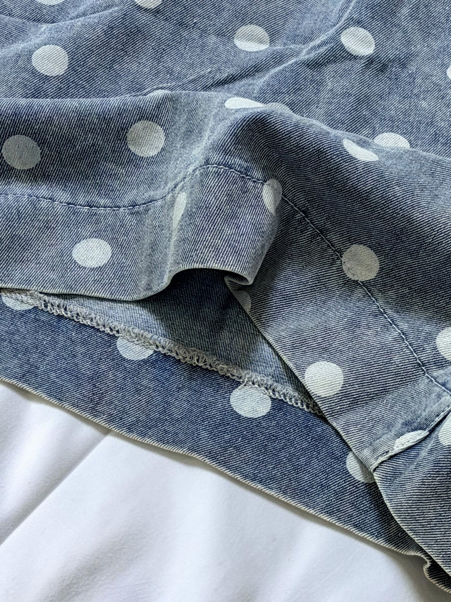Blue Polka Dot Pleated Denim Romper