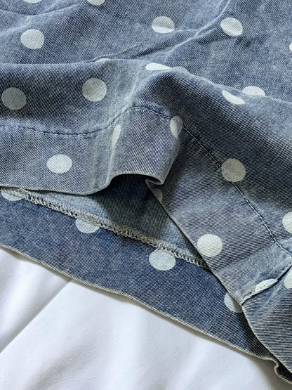 Blue Polka Dot Pleated Denim Romper