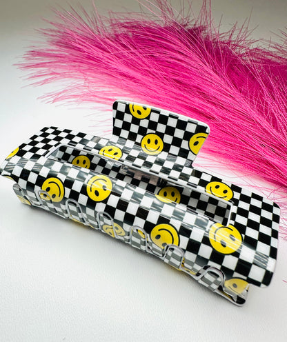 Jumbo Checkered Smiley Hair Claw Clip
