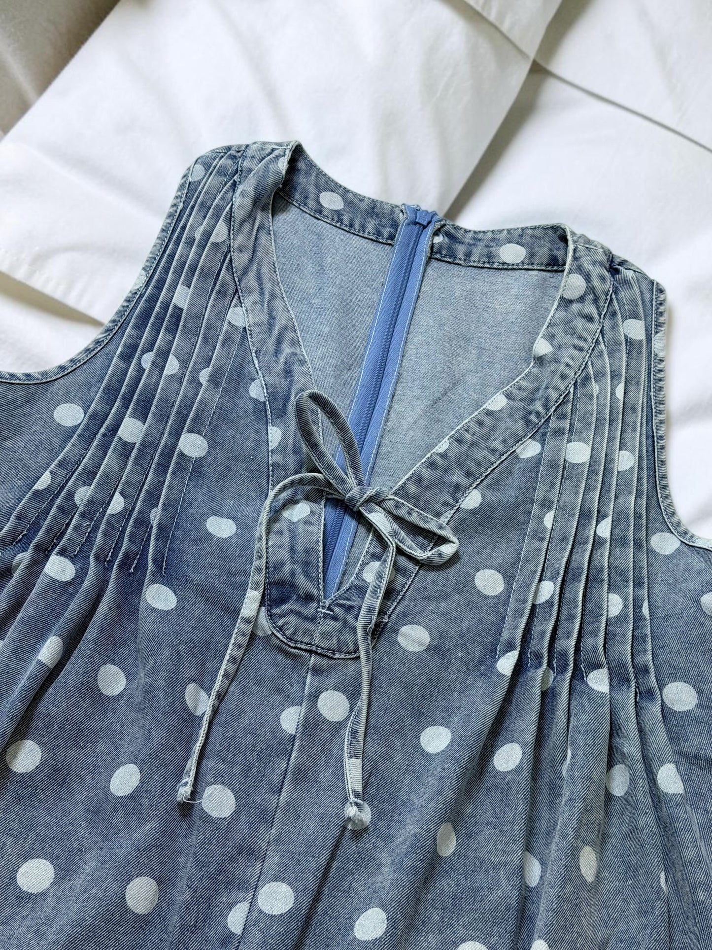 Blue Polka Dot Pleated Denim Romper