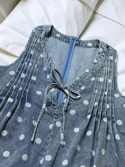 Blue Polka Dot Pleated Denim Romper